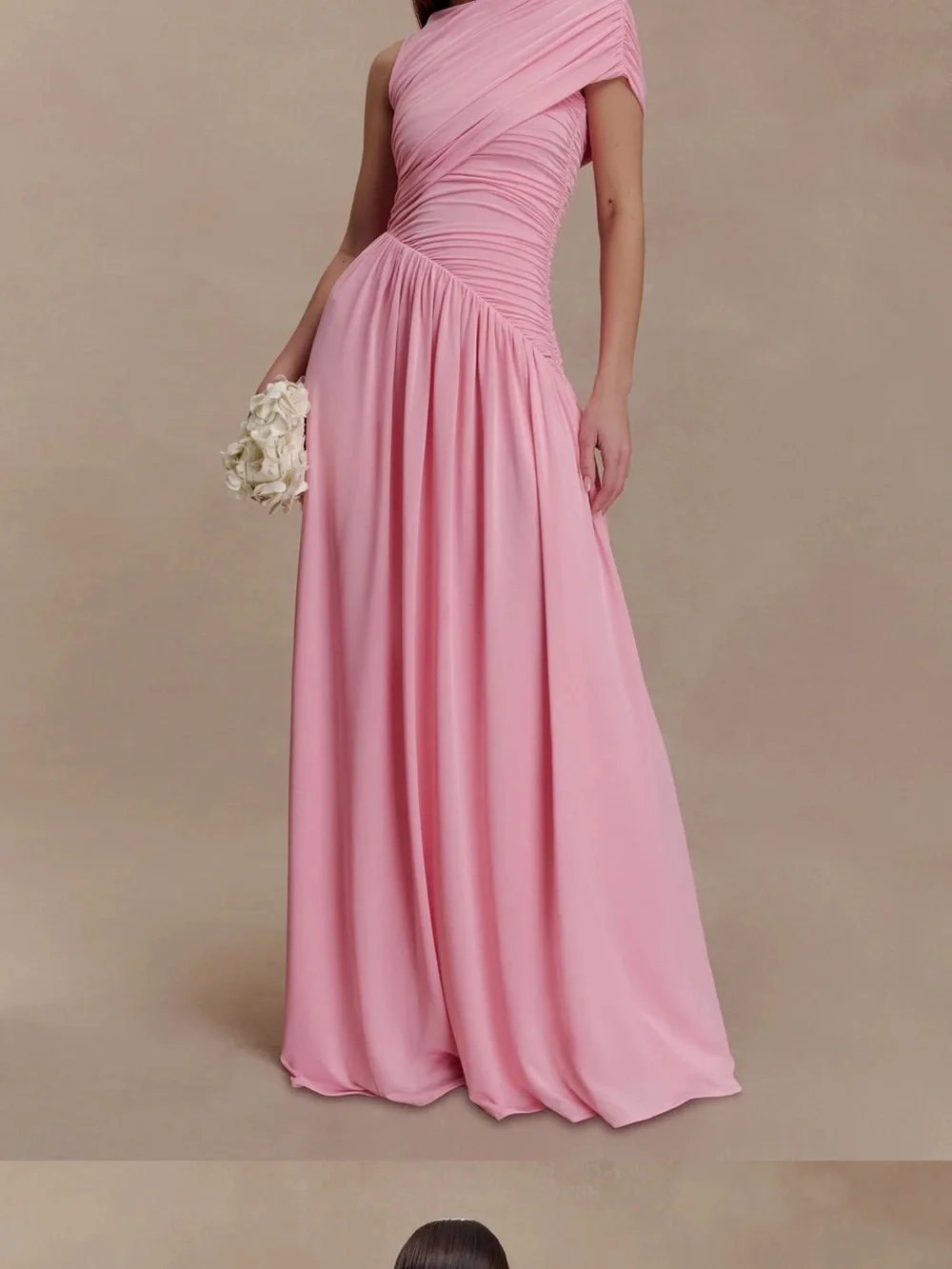 Meshki Blush Pink One-Shoulder Ruched Evening Gown - Picture 1 of 2
